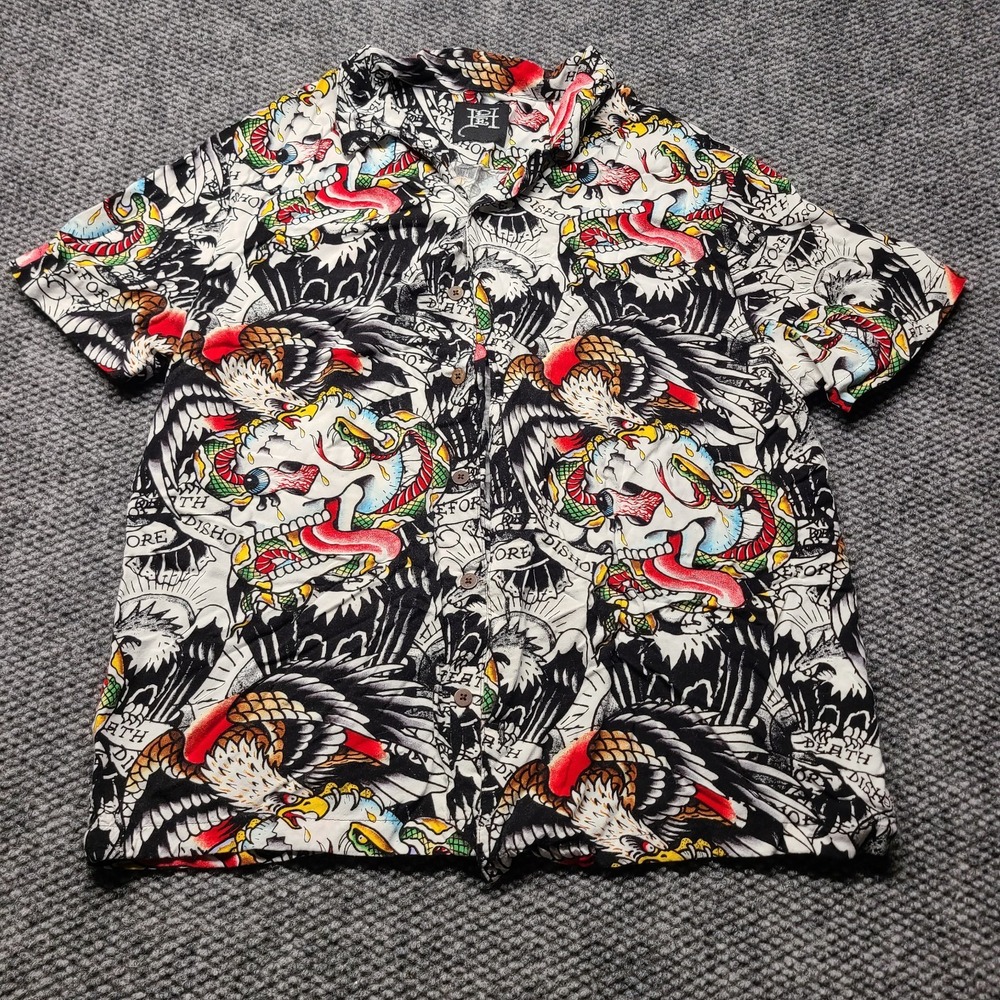 Ed Hardy Battle Skull Camp Shirt Mens L Multicolor Eagle Snakes EHBAO1200-18